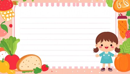 A cute cartoon girl stands beside a lined notepad frame decorated with colorful fruits, vegetables, and a pink polka dot border perfect for kids menus and recipes.