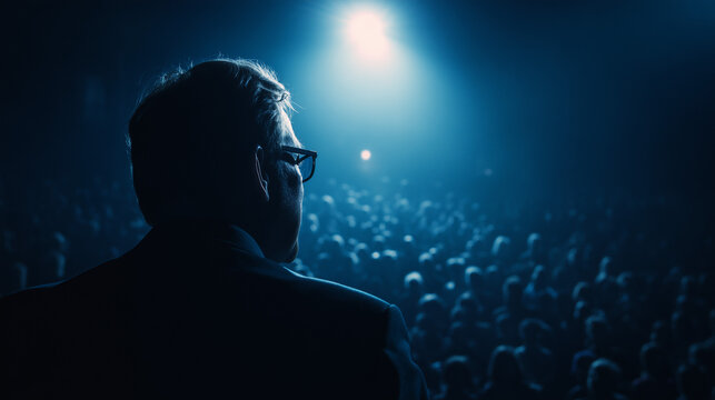 Silhouette of a speaker facing a large crowd under bright stage lighting at an event, concept for motivational speaking, corporate event, and political rally - Powered by Adobe