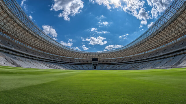 Panoramic view of a modern stadium with green grass and blue sky, concept for sporting events, venue design and architectural showcase