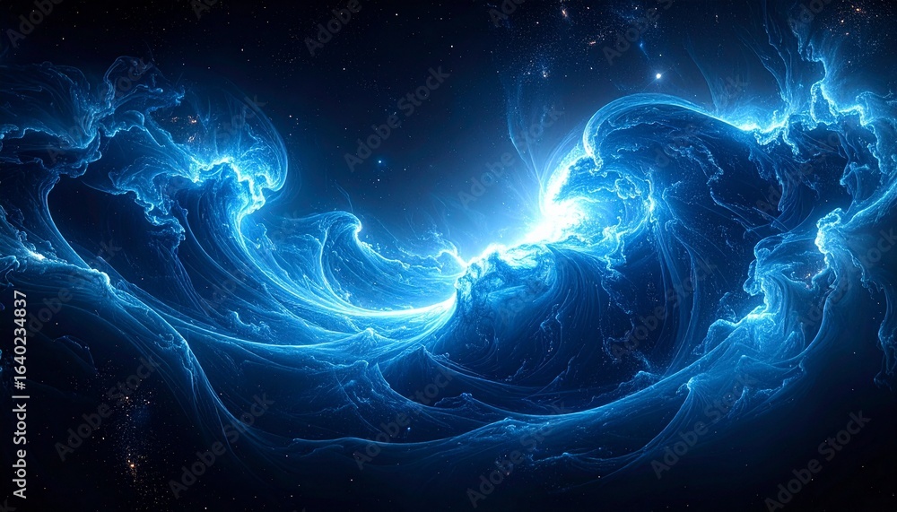 Poster a mesmerizing depiction of cosmic waves cascading through the infinite expanse of space, illuminated
