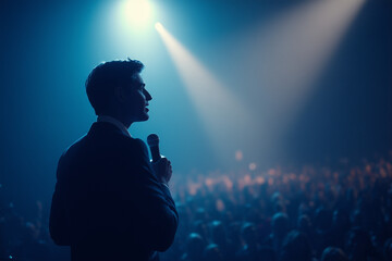 Silhouette of a man on stage holding a microphone in front of crowd, concept for motivational speaking, leadership event and business conference presentation