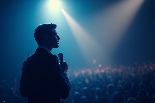Silhouette of a man on stage holding a microphone in front of crowd, concept for motivational speaking, leadership event and business conference presentation