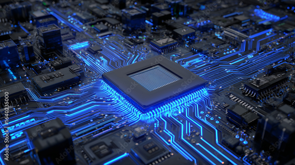 Poster detailed view of a cpu on a motherboard with glowing blue pathways and components. concept for techn
