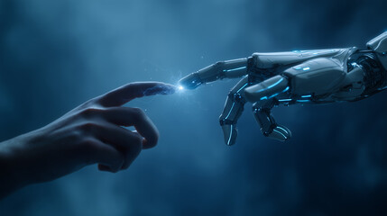 Close-up of a human finger touching a robot's finger with a spark, conveying connection. Concept for futuristic tech, artificial intelligence, and technology integration