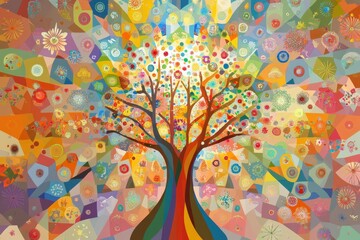 An abstract, colorful tree illustration with vibrant leaves and flowers, celebrating the beauty of nature through its decorative and artistic design