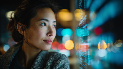 Thoughtful young Asian woman looking at data on a screen in the evening, concept for future technology, data analysis and financial technology