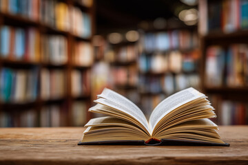 Open book on a wooden table against blurred bookshelf background in a library, concept for knowledge dissemination, academic pursuit and literature exploration