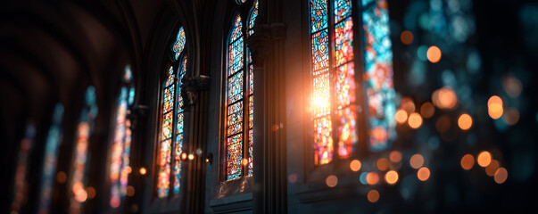 Vibrant stained glass windows cast colorful light patterns in Gothic architecture, concept for spiritual art, historic preservation and religious celebration