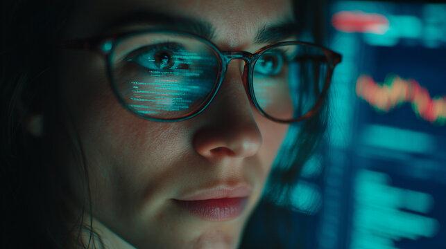 Close up of a focused woman with glasses looking at a screen reflecting data, concept for cybersecurity analysis, software development, and business intelligence insights