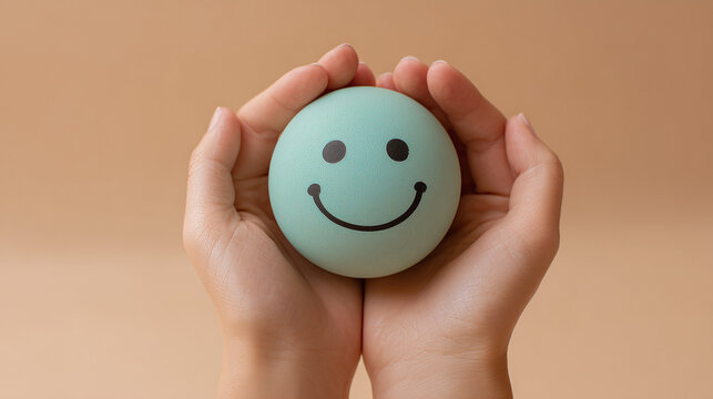 Hands holding a light blue stress ball with smiling face on a beige background, concept for stress relief, emotional wellness and positive attitude