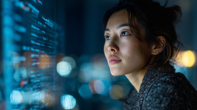 Young Asian woman looking at code on a screen with blurred city lights in the background, concept for software development, cybersecurity, and data analysis