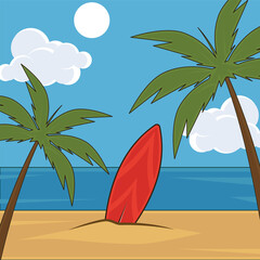 Surfboard and Palms landscaped vector illustration graphic design . Tropical Beach Summer Holiday Ocean Scene Sandy Shore for holiday concept with cartoon style