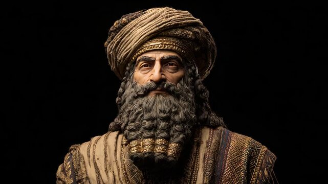 A regal figure with an intricate turban and textured beard, showing elegance