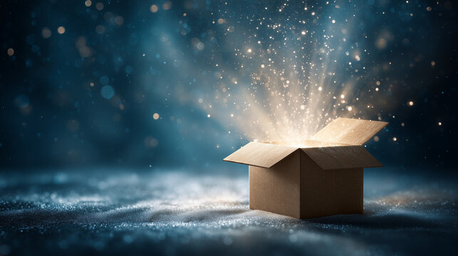 Magical light emanating from an open cardboard box in a dark, enchanting setting. Concept for surprise gift, mysterious reveal and special promotion