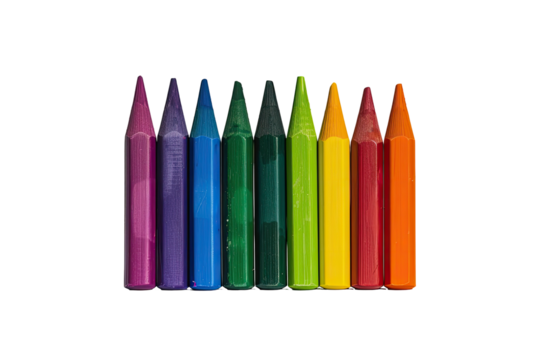 Colorful crayons arranged in a horizontal row against a black background.  Sharp points and smooth sides are visible.  Crayons range in color from pink/red to orange, yellow, green, blue, purple