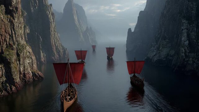 Majestic Viking Ships Gracefully Sailing Through Beautiful Mountainous Waters