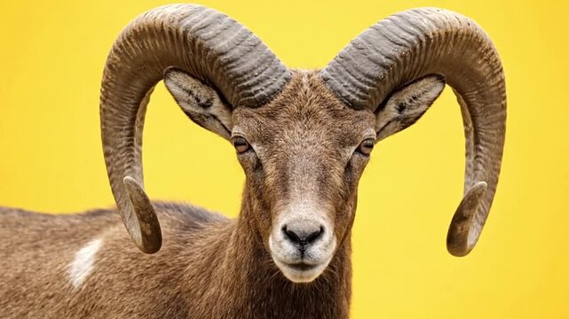 A ram with brown fur and large curling horns is set against a bright yellow background