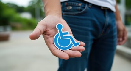 Fototapeta premium Accessibility Symbol in Hand: A person's hand holds a blue wheelchair symbol, symbolizing inclusivity, equal access, and support for people with disabilities, conveying a message of care and advocacy.