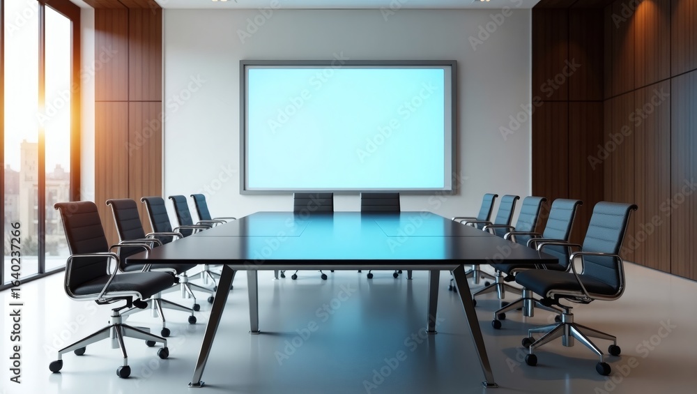 Poster a modern boardroom with a large screen and elegant design