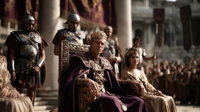 A grand scene in Ancient Rome with a throne, courtiers, and attendees