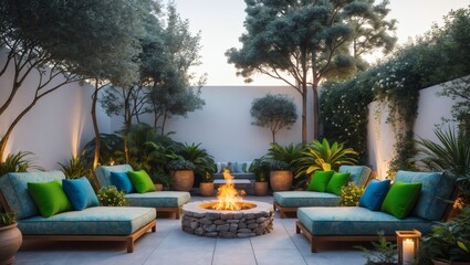 An inviting outdoor patio scene with comfortable lounge chairs around a cozy fire pit, creating a perfect relaxation spot