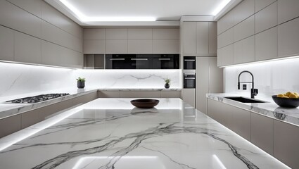An exquisitely designed modern kitchen. The kitchen features sleek countertops, a marble island, and integrated appliances, demonstrating a blend of functionality and aesthetic