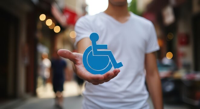 Accessibility Support: A person tenderly extends a symbol of accessibility, creating a visually appealing image emphasizing inclusivity and providing care to those who need assistance.