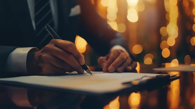 Signing a document in a warmly lit environment. A professional in a suit carefully reviews and signs paperwork, creating a scene of business and dedication.