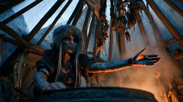Mystical Shaman in a Rustic Lodge Performing Ancient Rituals