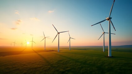 Obraz premium Wind Turbines in Green Field at Sunset Generating Renewable Energy