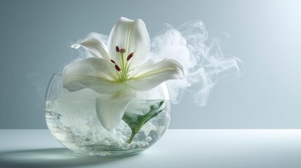 Obraz premium White lily in glass bowl with smoke