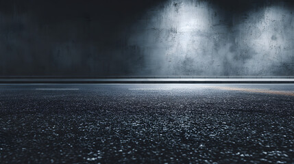 Black asphalt road and empty dark street scene background with studio room interior texture for product display wall background