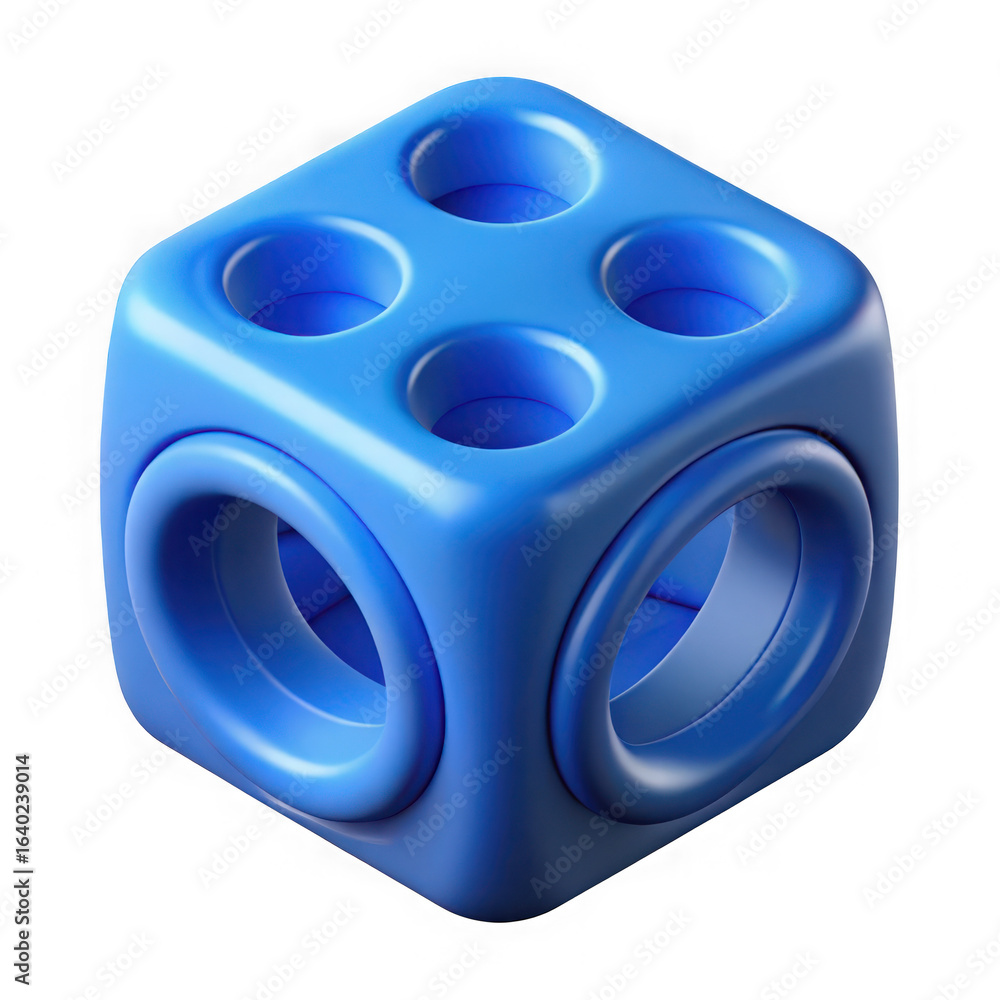 Poster a bright blue 3d cube with circular indentations on each face isolated on transparent background