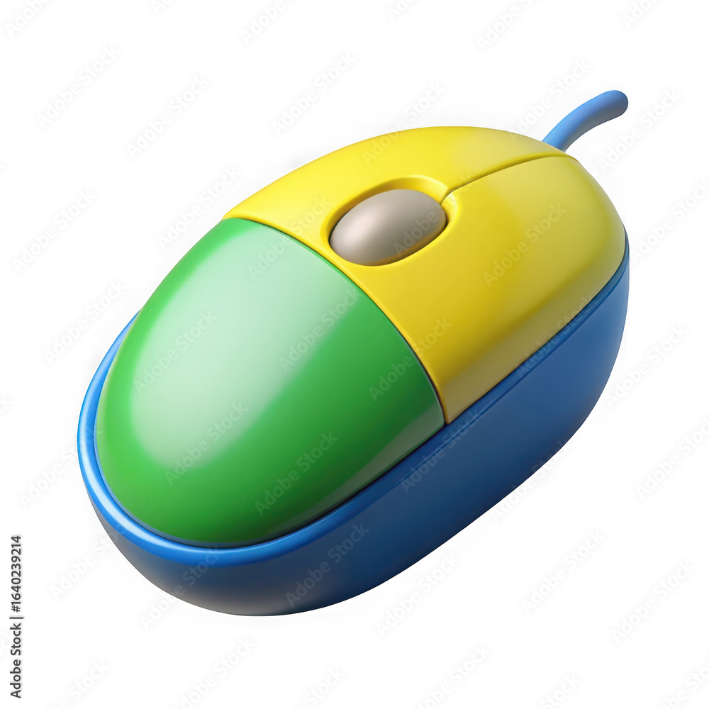 Poster a colorful computer mouse with yellow green and blue sections isolated on transparent background