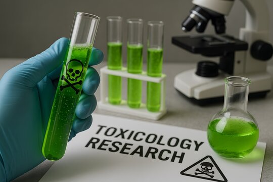 Toxicology research with green liquid in test tubes and microscope in lab setup