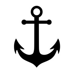 Bold black anchor maritime icon with sharp flukes and round shank, symbolizing sailing, naval strength, and oceanic stability. 