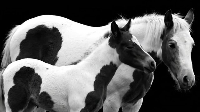 Black and white image shows two pinto horses one nuzzling the other set against a stark black backdrop