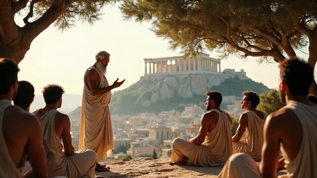 A Philosopher Engaging in Teaching Beneath the Ancient Greek Acropolis