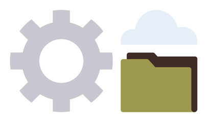 Gear icon, cloud, and folder symbolize data management, cloud syncing, storage, and process efficiency. Ideal for technology, workflow, automation cloud storage data sharing organization