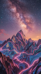 Neon trails illuminating majestic mountain peaks under the milky way