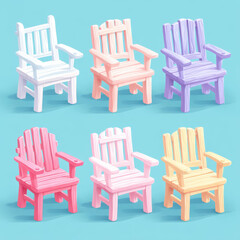 Explore a playful collection of cartoon chairs, showcased in various angles and colors, perfect for your design project.