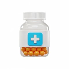 Obraz premium Medical Pill Bottle: A detailed and appealing depiction of a pill bottle with a healthcare symbol on its label, containing a collection of spherical, orange pills within a clinical presentation.