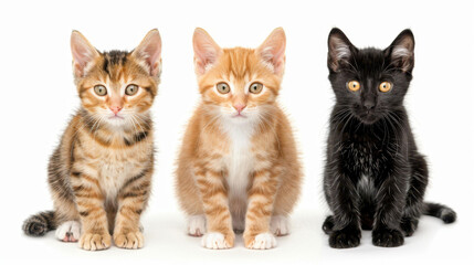 Obraz premium Adorable kittens in three colors, playfully sitting and standing together, captured against a pure white backdrop.