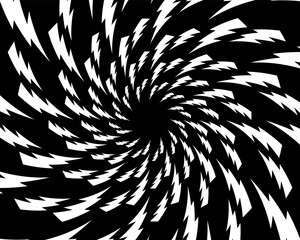 Swirled white bolt silhouettes on black background. Poster with thunderbolt signs in circular tornado arrangement. Flash, energy, danger or shock cartoon symbols. Vector graphic illustration.
