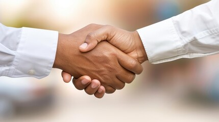 Two business partners seal a deal with a handshake, welcoming a new team member into the thriving office environment.