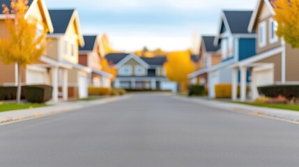 Naklejka premium A quaint suburb in late autumn, showcasing a lush front yard with warm hues and a blurred, softfocus background.