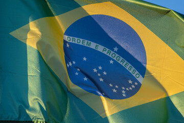 The brazilian flag waving in the wind against a blue sky national pride concept