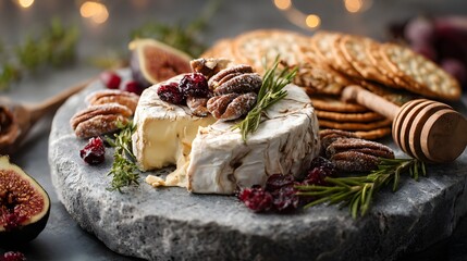 Cheese and fig platter with honey gourmet food styling rustic table cozy atmosphere