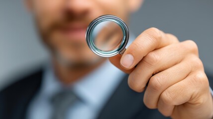 A dedicated businessman uses a magnifying glass to explore valuable online information, highlighting the search process.