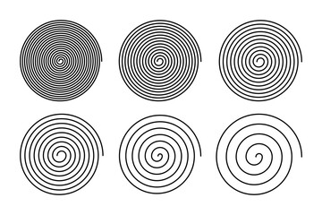 Spiral icons isolated on white background. Optical illusion effect. Hypnotic psychedelic design. Whirlpool, dizzy, tornado or funnel symbols. Archimedean curves. Vector graphic illustration.